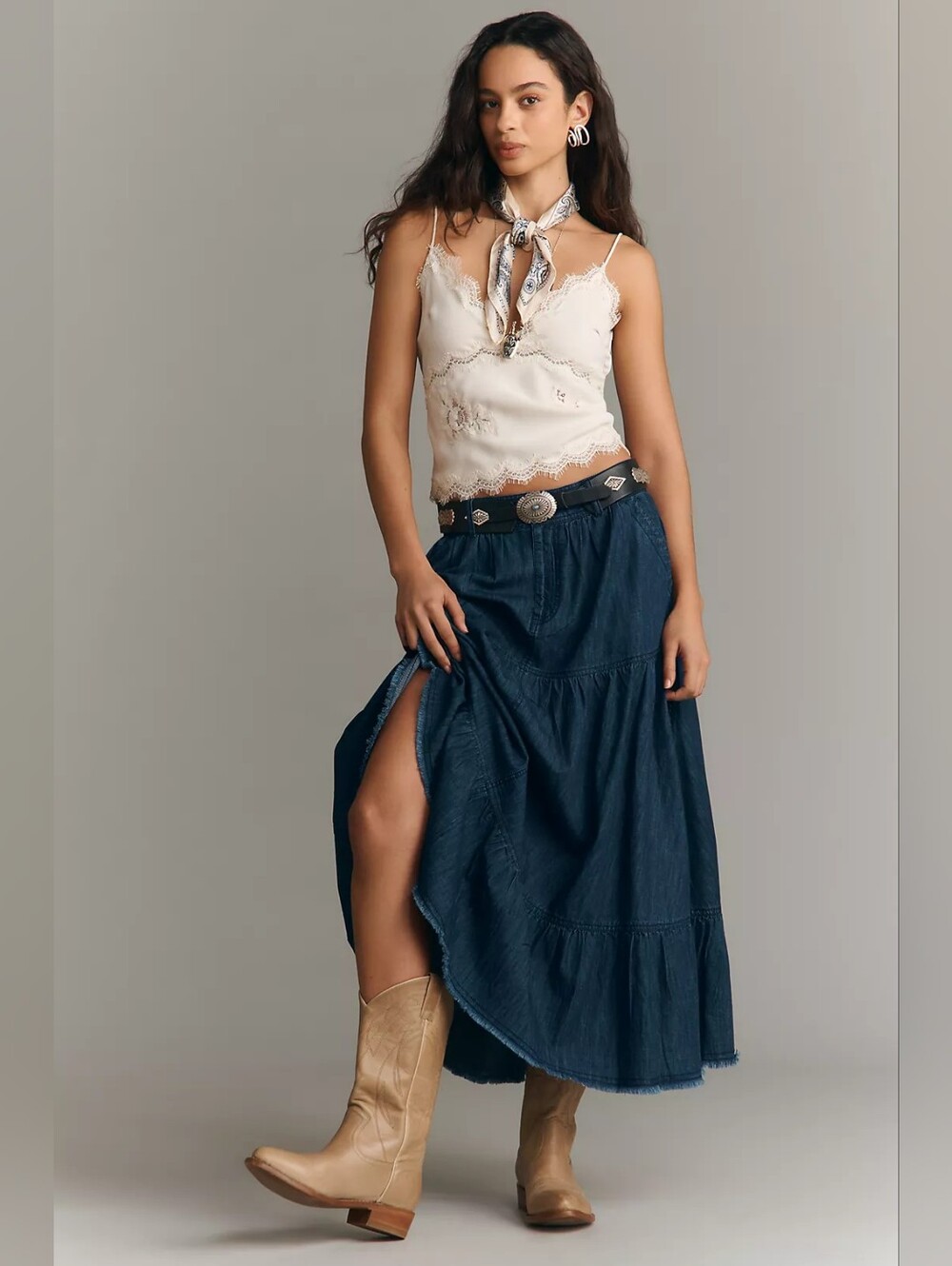 Pilcro 100% Cotton Dark Indigo Tiered Denim Maxi Skirt Size M - Picture 3 of 14